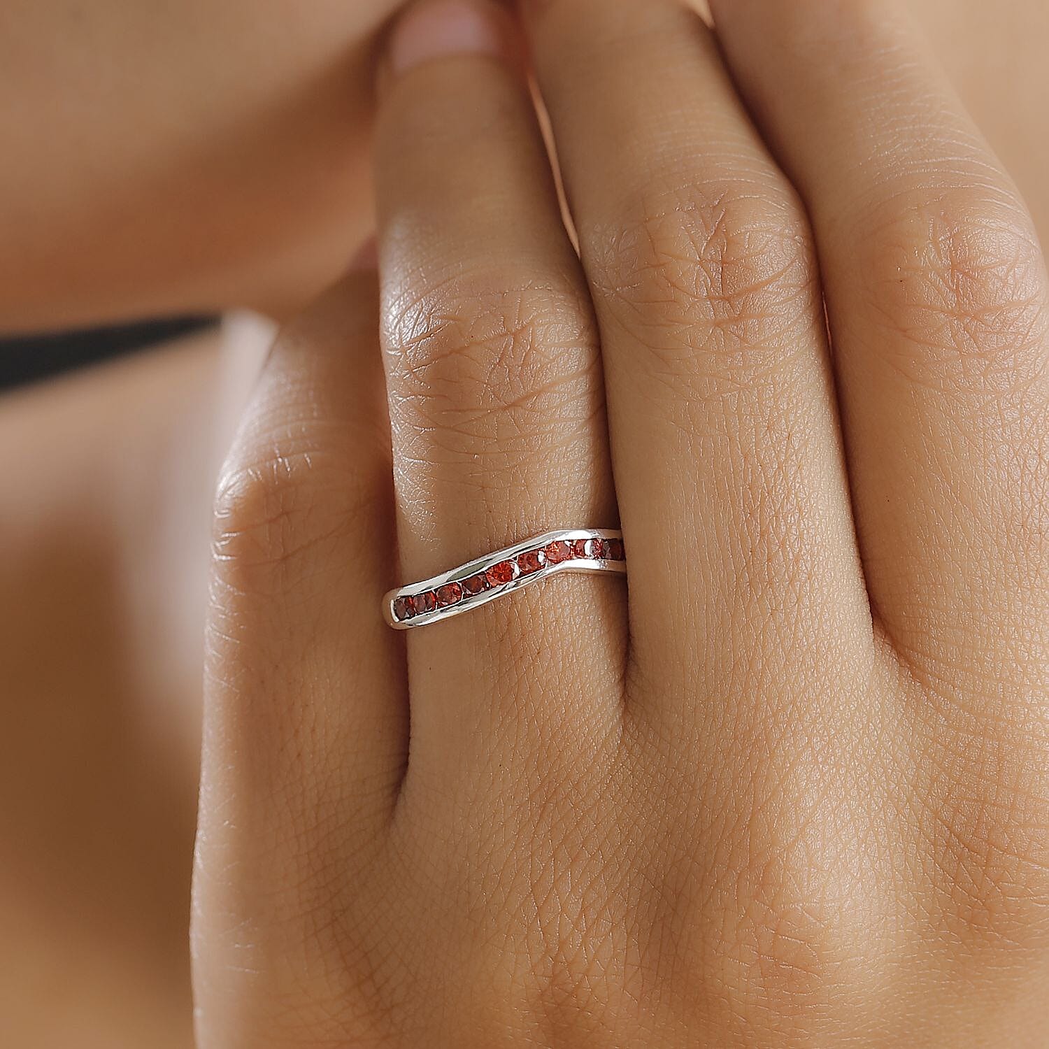 Simulated Garnet Diamond Band Ring in Sterling Silver (Size 9.0)