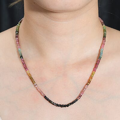 Multi-Tourmaline Beaded 55.80 ctw Necklace 18 Inches in Rhodium Over Sterling Silver