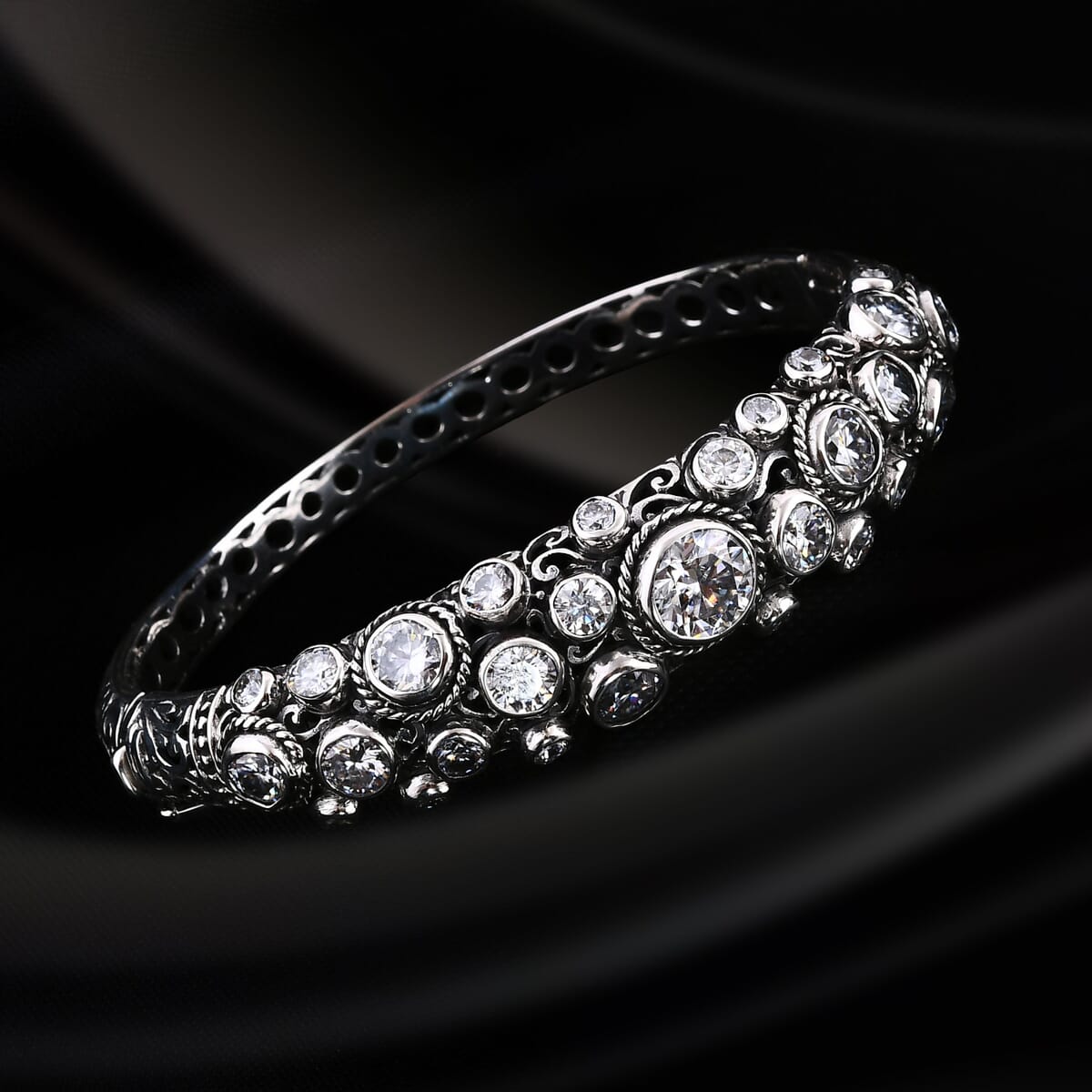 Bali Legacy Moissanite 11.20 ctw Bubbles Bangle Bracelet in Sterling Silver (6.50 In) image number 1