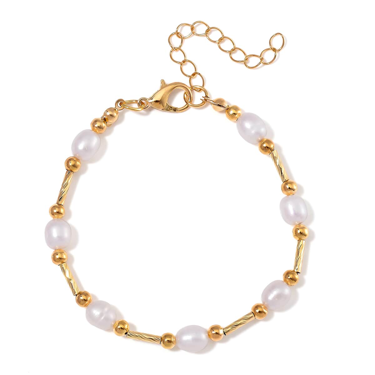 White Freshwater Pearl Station Bracelet in Goldtone (7.00-9.00In) image number 0