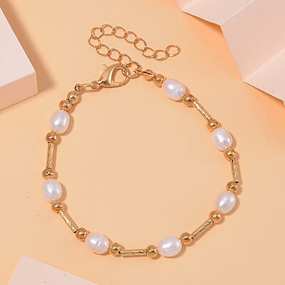 White Freshwater Pearl Station Bracelet in Goldtone (7.00-9.00In)