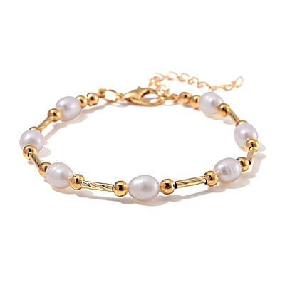 White Freshwater Pearl Station Bracelet in Goldtone (7.00-9.00In)