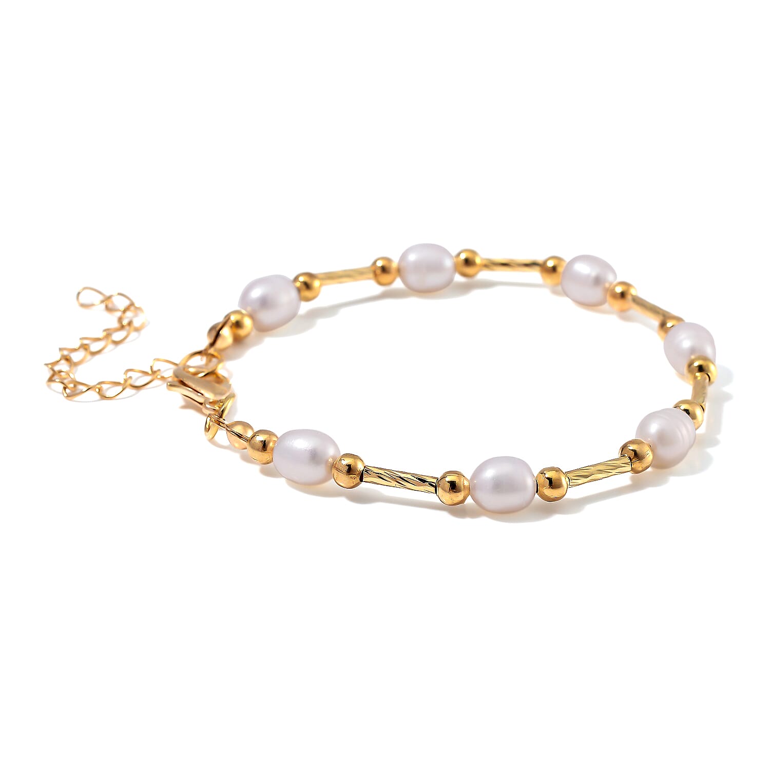 White Freshwater Pearl Station Bracelet in Goldtone (7.00-9.00In)
