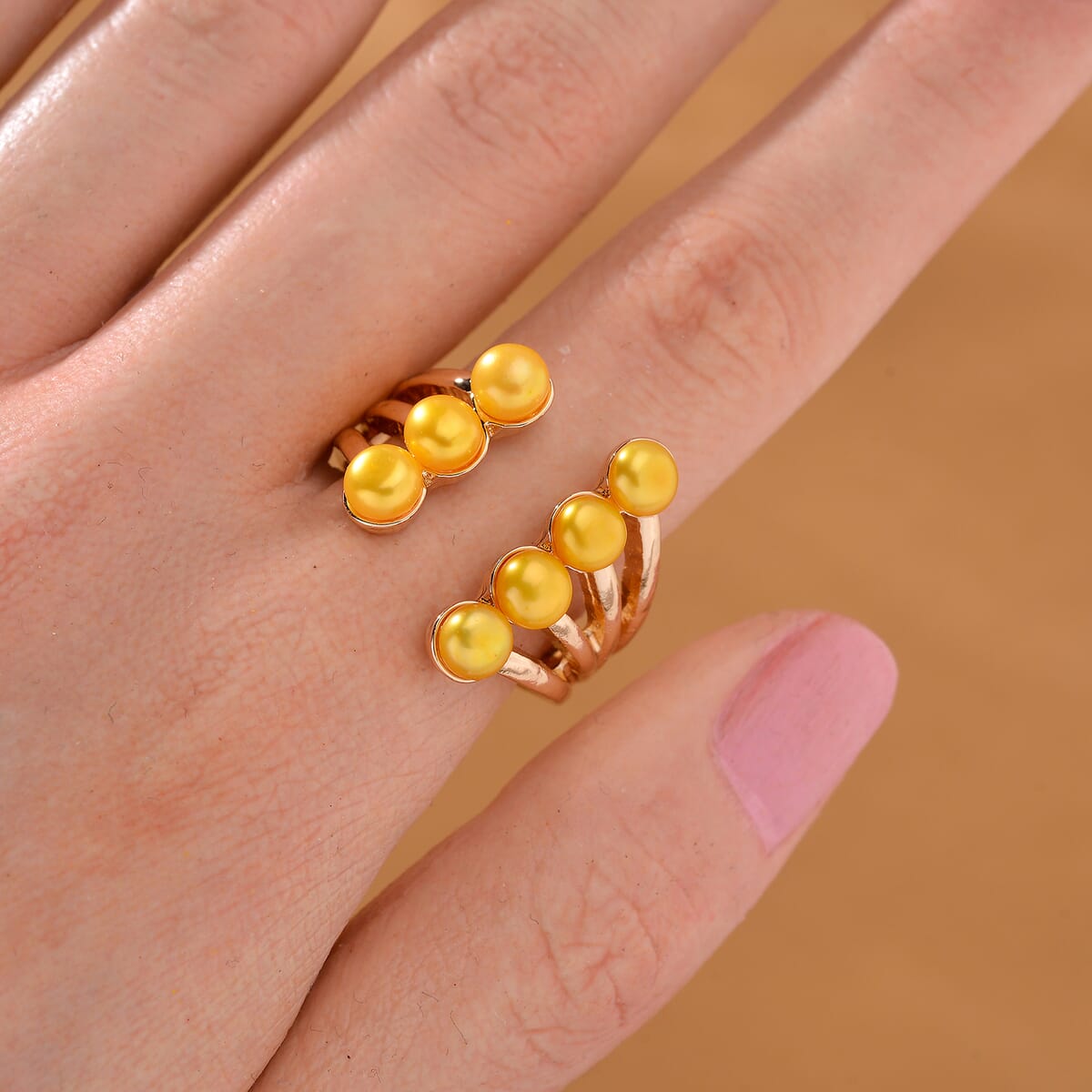 Golden Freshwater Pearl Open Band Ring in Goldtone (Size 8.0) image number 1