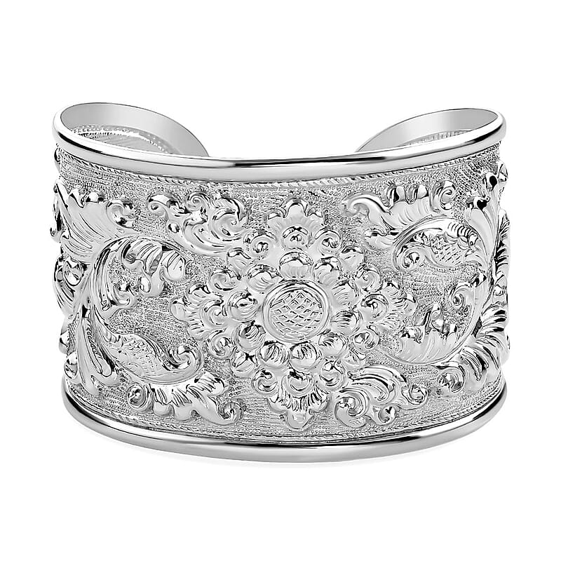 Bali Legacy Floral Carving Cuff Bracelet in Sterling Silver (7.25 In) 26.30 Grams