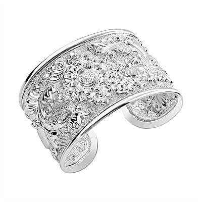 Bali Legacy Floral Carving Cuff Bracelet in Sterling Silver (7.25 In) 26.30 Grams