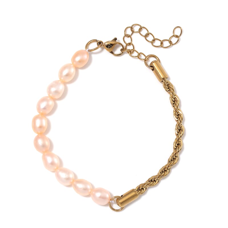 Peach Freshwater Pearl Bracelet in ION Plated YG Stainless Steel (7.00-9.00In)