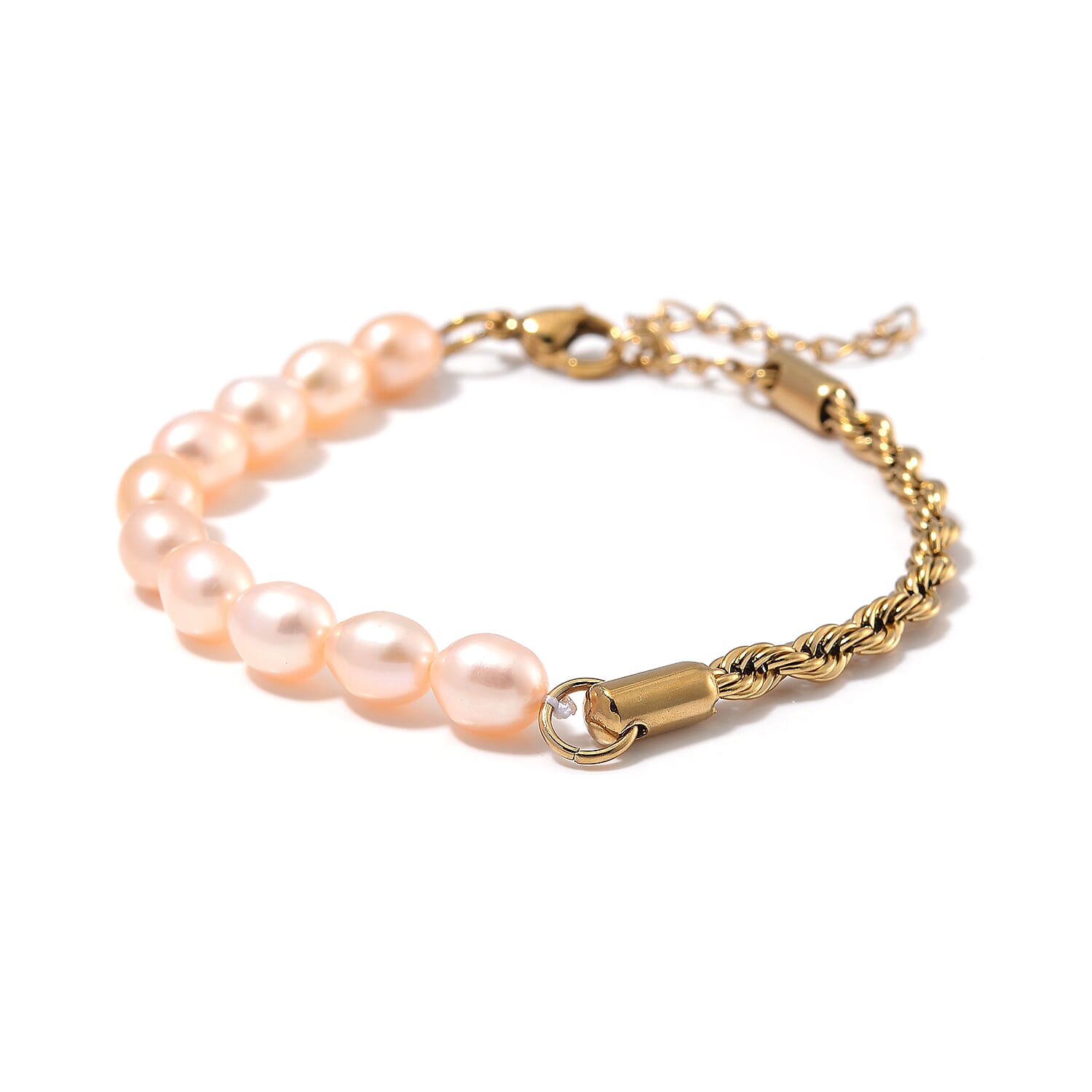 Peach Freshwater Pearl Bracelet in ION Plated YG Stainless Steel (7.00-9.00In)