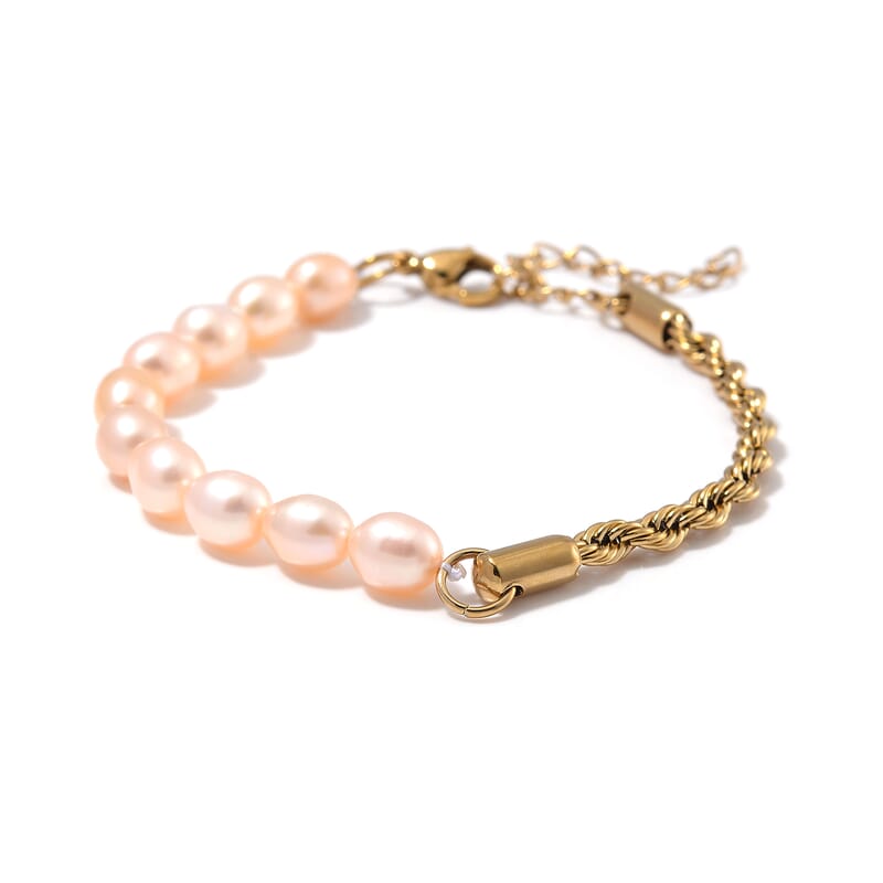 Peach Freshwater Pearl Bracelet in ION Plated YG Stainless Steel (7.00-9.00In)