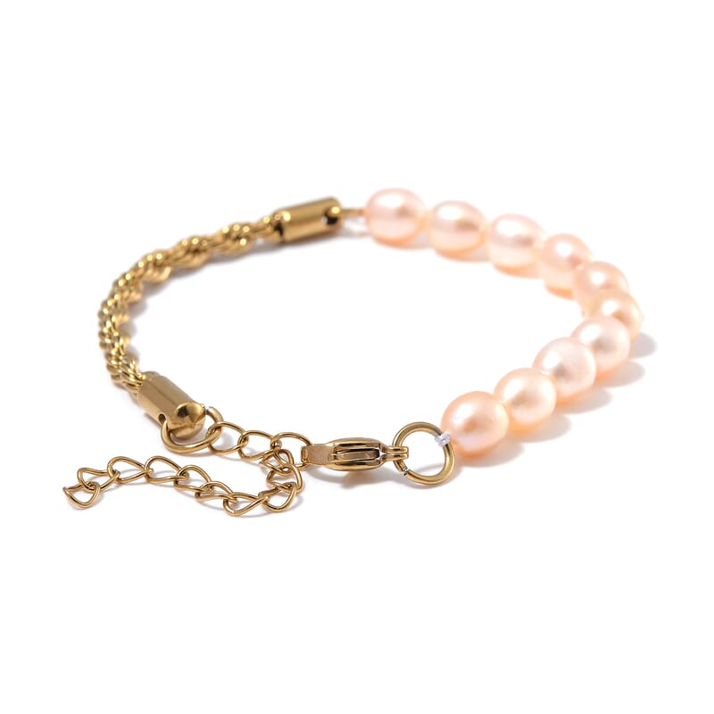 Peach Freshwater Pearl Bracelet in ION Plated YG Stainless Steel (7.00-9.00In)