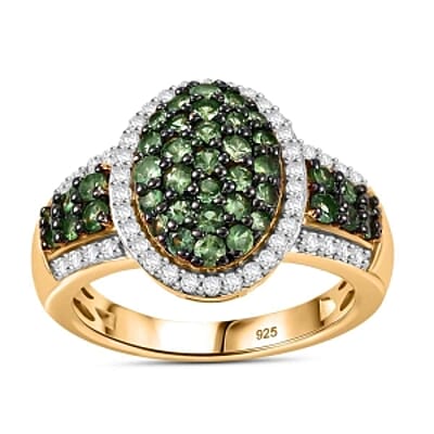 Tsavorite Garnet and White Zircon 2.10 ctw Ring in 18K Vermeil Yellow Gold Over Sterling Silver (Size 10.0)