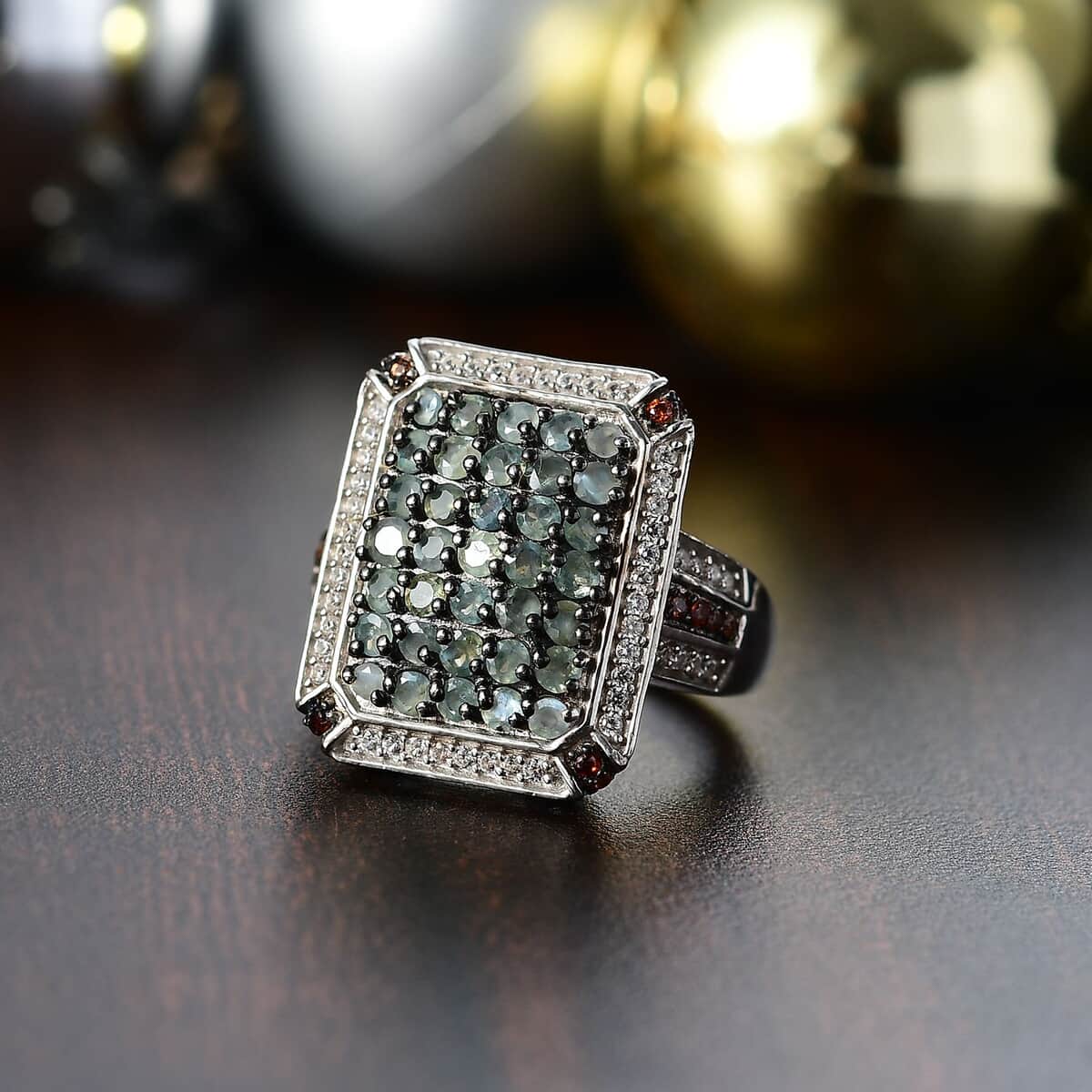 Premium Narsipatnam Alexandrite, White and Coffee Zircon 2.10 ctw Art Deco Ring in Rhodium Over Sterling Silver (Size 10.0) image number 1