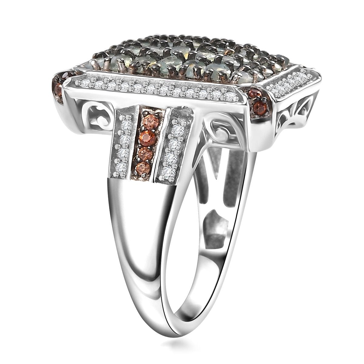 Premium Narsipatnam Alexandrite, White and Coffee Zircon 2.10 ctw Art Deco Ring in Rhodium Over Sterling Silver (Size 6.0) image number 3