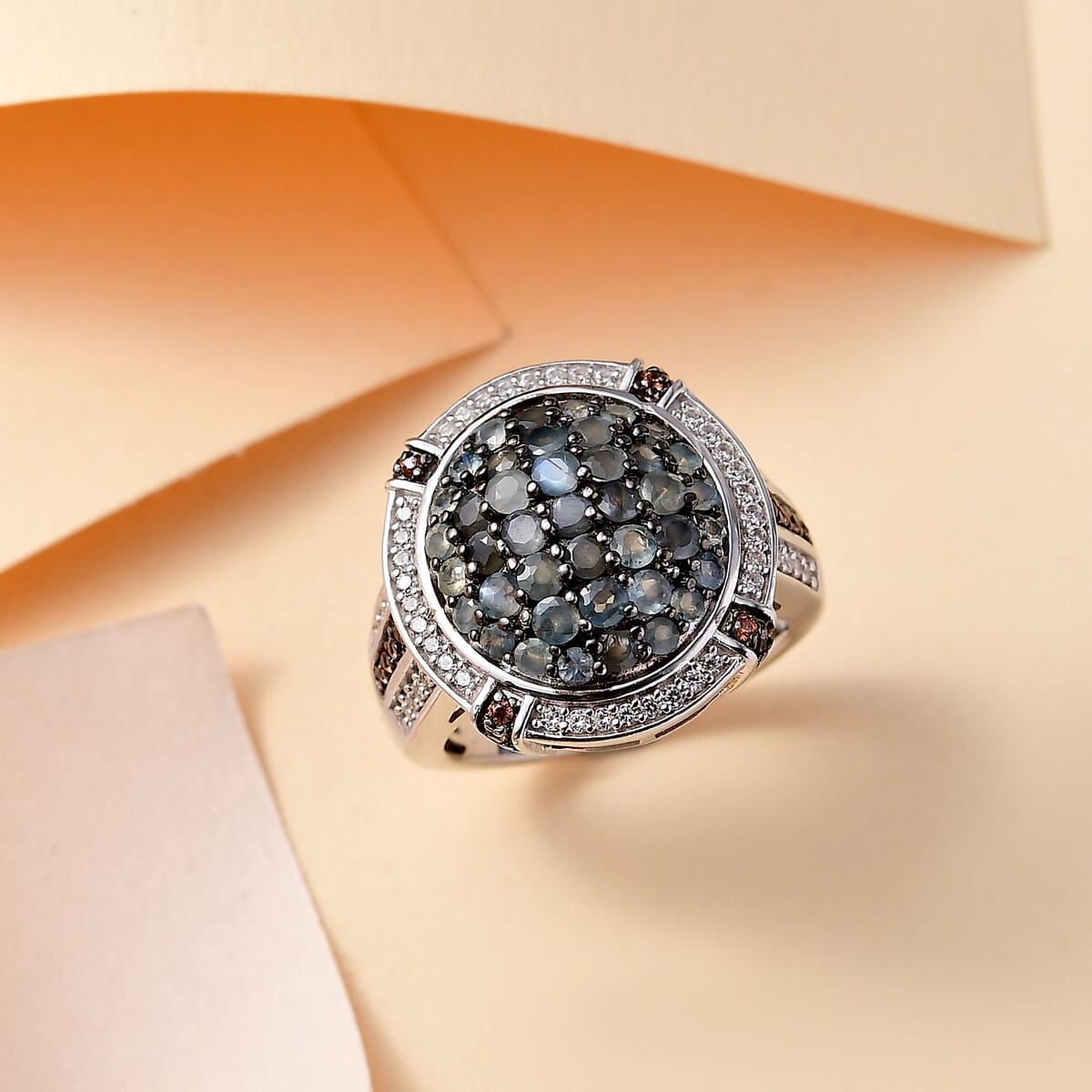 Premium Narsipatnam Alexandrite, White and Coffee Zircon 2.30 ctw Art Deco Ring in Rhodium Over Sterling Silver (Size 6.0) image number 1
