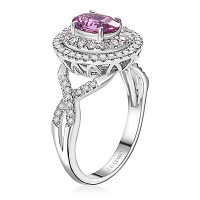 Certified & Appraised Luxoro AAA Pink Sapphire, I2 Natural Pink and White Diamond 1.77 ctw Ring in 14K White Gold (Size 7.0) 4.70 Grams