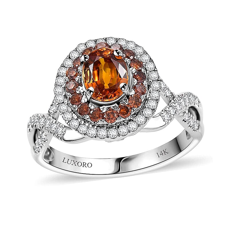 Certified & Appraised Luxoro AAA Orange Sapphire, Red and I2 White Diamond 2.33 ctw Ring in 14K White Gold (Size 10.0) 4.80 Grams