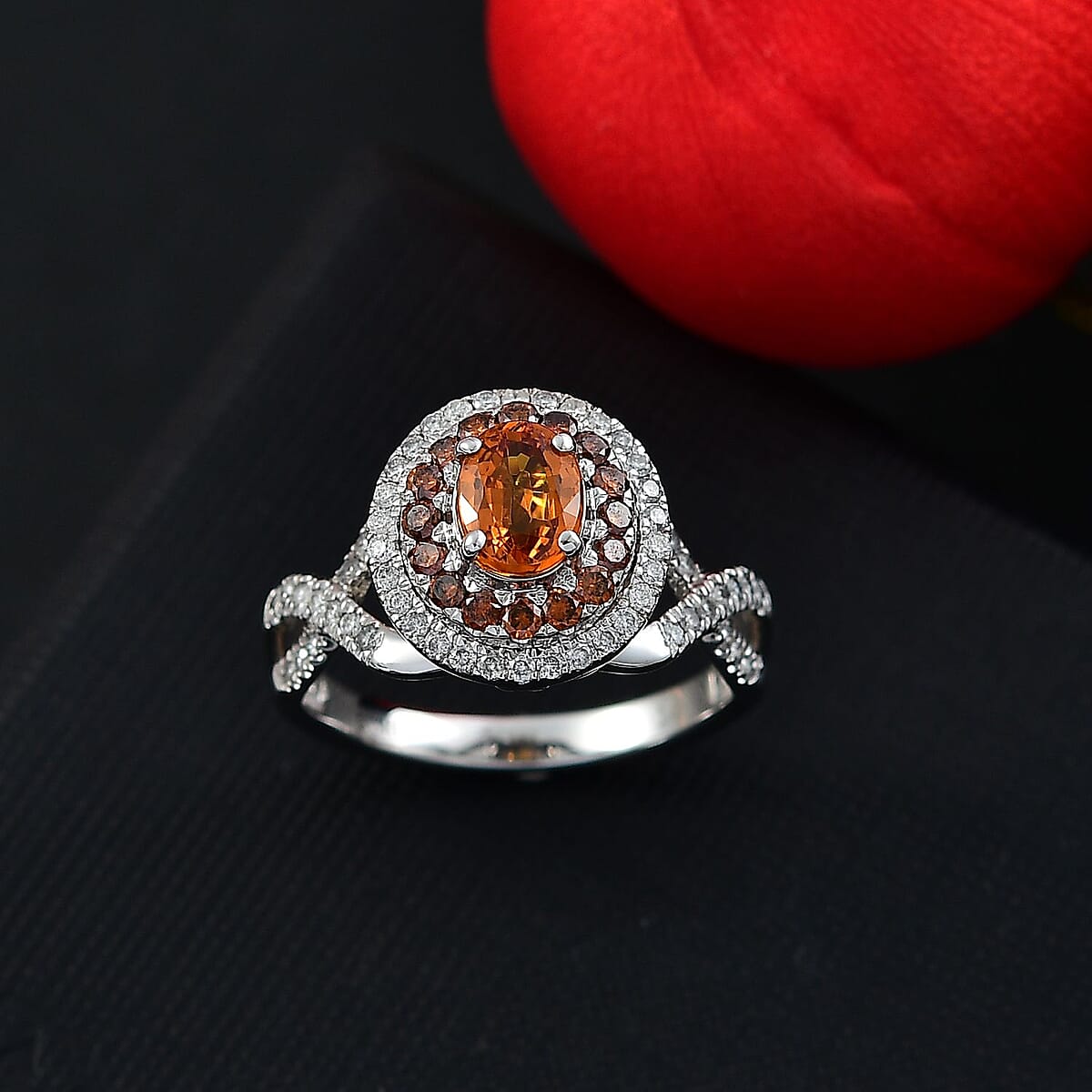Certified & Appraised Luxoro AAA Orange Sapphire, Red and I2 White Diamond 2.33 ctw Ring in 14K White Gold (Size 10.0) 4.80 Grams image number 1