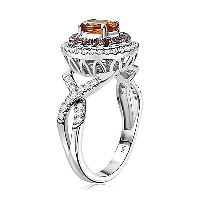 Certified & Appraised Luxoro AAA Orange Sapphire, Red and I2 White Diamond 2.33 ctw Ring in 14K White Gold (Size 10.0) 4.80 Grams