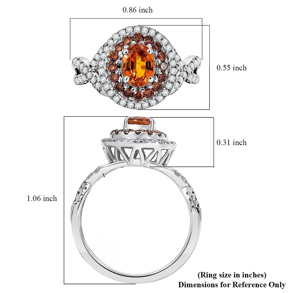 Certified & Appraised Luxoro AAA Orange Sapphire, Red and I2 White Diamond 2.33 ctw Ring in 14K White Gold (Size 10.0) 4.80 Grams image number 5