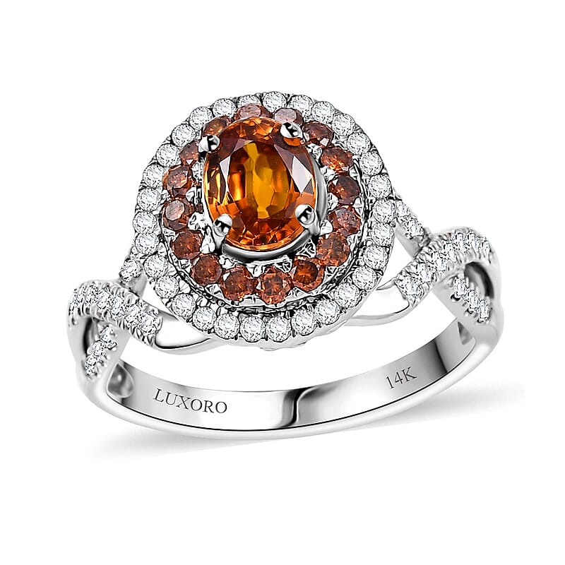 Certified & Appraised Luxoro AAA Orange Sapphire, Red and I2 White Diamond 2.33 ctw Ring in 14K White Gold (Size 6.0) 4.80 Grams