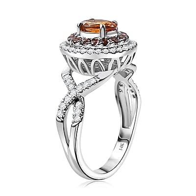 Certified & Appraised Luxoro AAA Orange Sapphire, Red and I2 White Diamond 2.33 ctw Ring in 14K White Gold (Size 6.0) 4.80 Grams