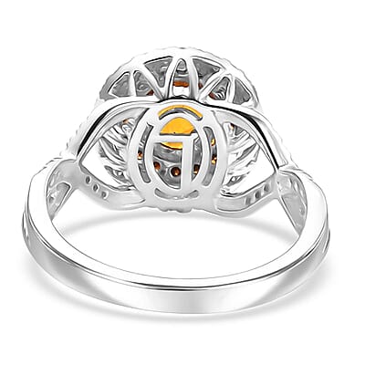 Certified & Appraised Luxoro AAA Orange Sapphire, Red and I2 White Diamond 2.33 ctw Ring in 14K White Gold (Size 6.0) 4.80 Grams