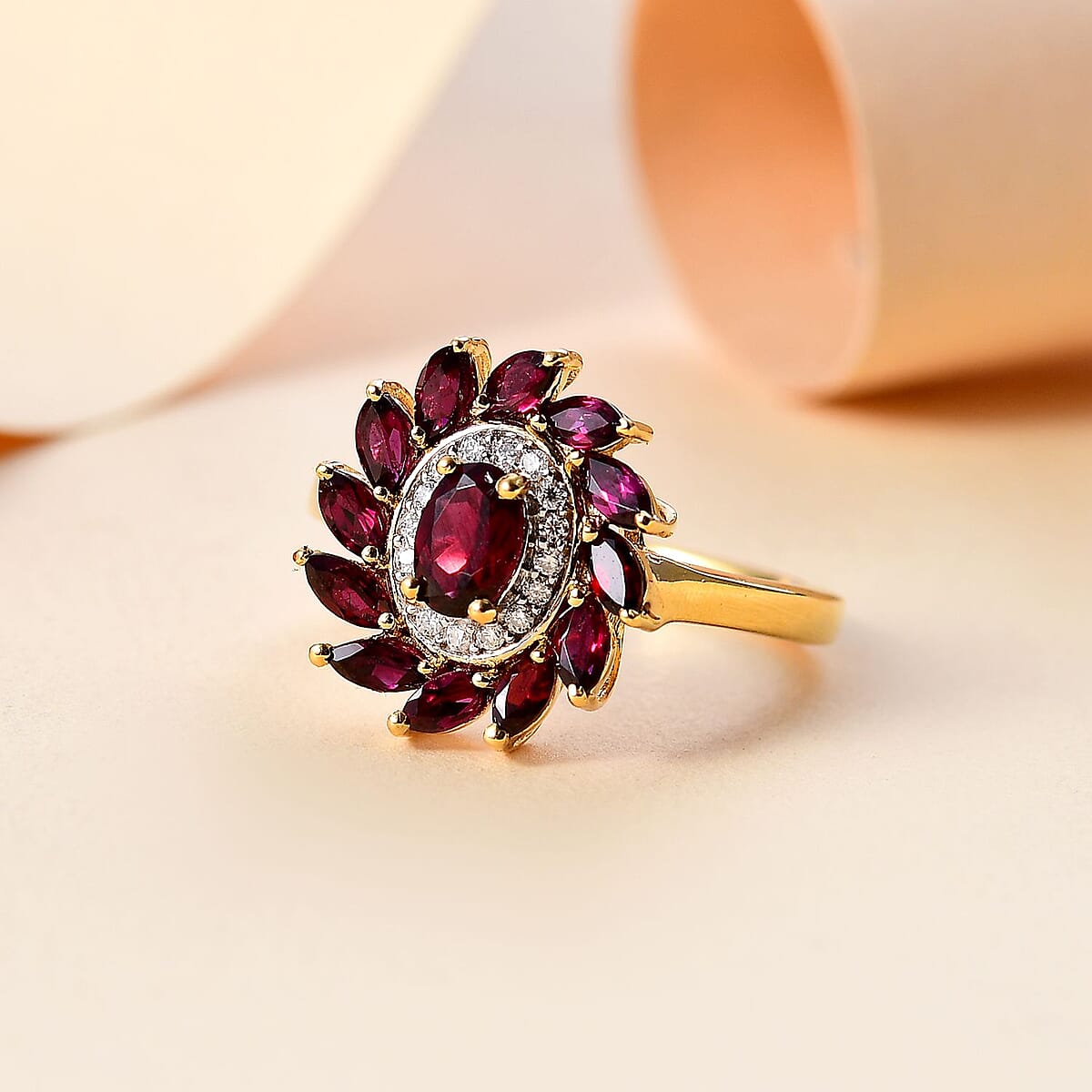 Premium Anthill Garnet and Moissanite 2.00 ctw Blossom Halo Ring in 18K Vermeil Yellow Gold Over Sterling Silver (Size 10.0) image number 1
