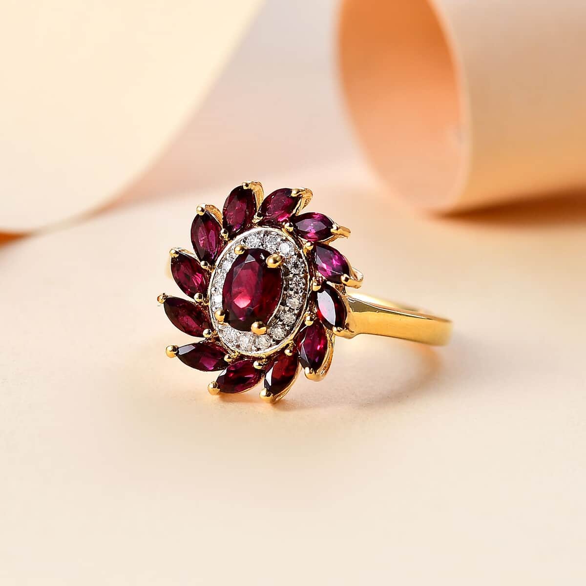 Premium Anthill Garnet and Moissanite 2.00 ctw Blossom Halo Ring in 18K Vermeil Yellow Gold Over Sterling Silver (Size 7.0) image number 1