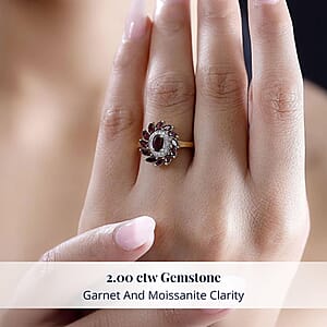 D'Joy Premium Anthill Garnet and Moissanite 2.00 ctw Blossom Halo Ring in 18K Vermeil Yellow Gold Over Sterling Silver (Size 7.0)