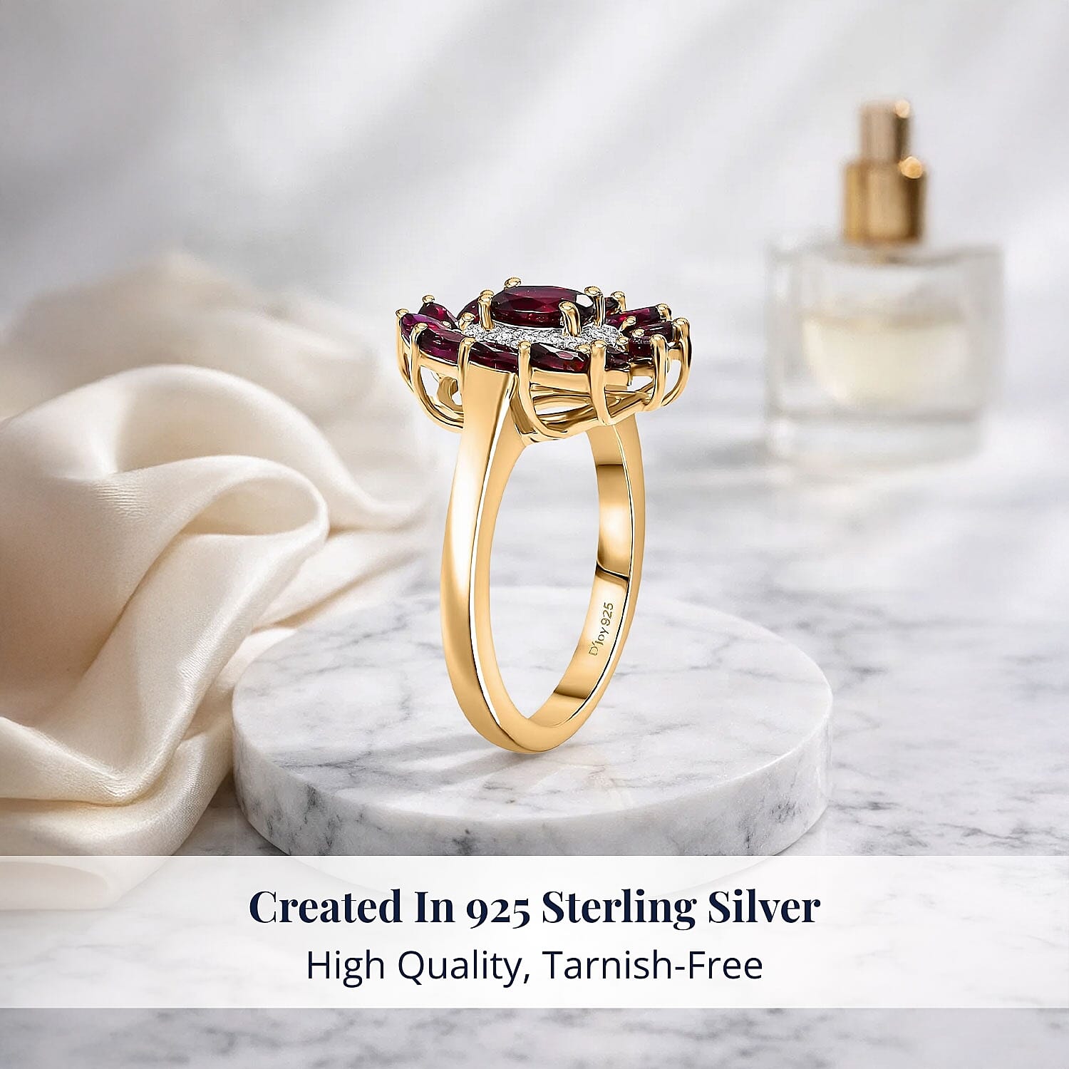 D'Joy Premium Anthill Garnet and Moissanite 2.00 ctw Blossom Halo Ring in 18K Vermeil Yellow Gold Over Sterling Silver (Size 7.0)