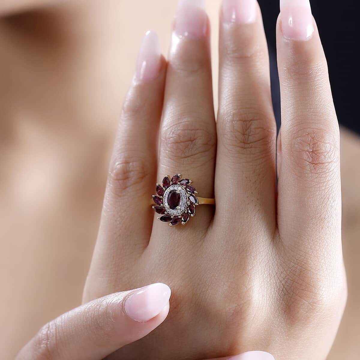 Premium Anthill Garnet and Moissanite 2.00 ctw Blossom Halo Ring in 18K Vermeil Yellow Gold Over Sterling Silver (Size 7.0) image number 2