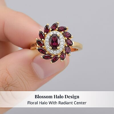 D'Joy Premium Anthill Garnet and Moissanite 2.00 ctw Blossom Halo Ring in 18K Vermeil Yellow Gold Over Sterling Silver (Size 7.0)