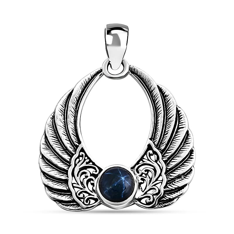 Bali Legacy Blue Star Sapphire (DF) 2.25 ctw Angel Wing Pendant without Chain in Sterling Silver