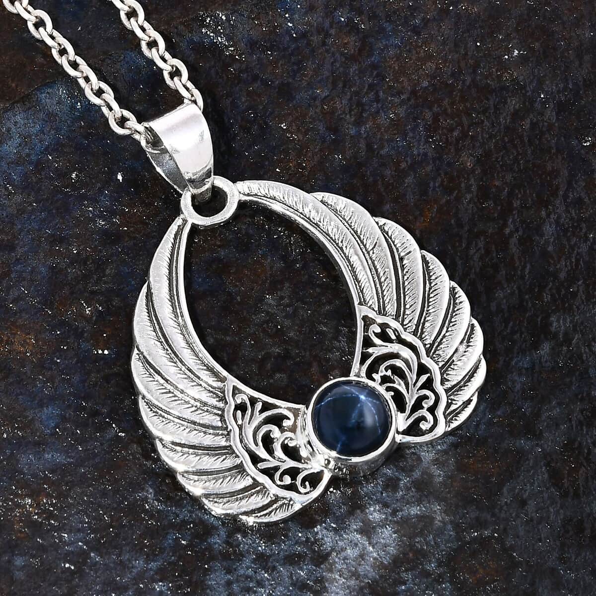 Doorbuster Bali Legacy Blue Star Sapphire (DF) 2.25 ctw Angel Wing Pendant in Sterling Silver image number 1