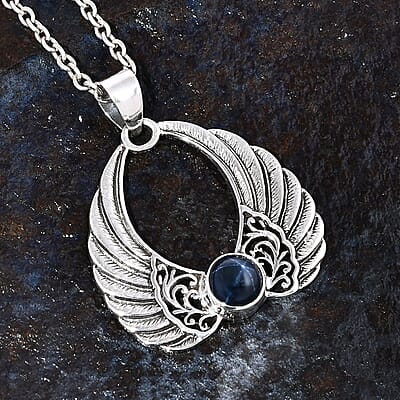 Bali Legacy Blue Star Sapphire (DF) 2.25 ctw Angel Wing Pendant without Chain in Sterling Silver