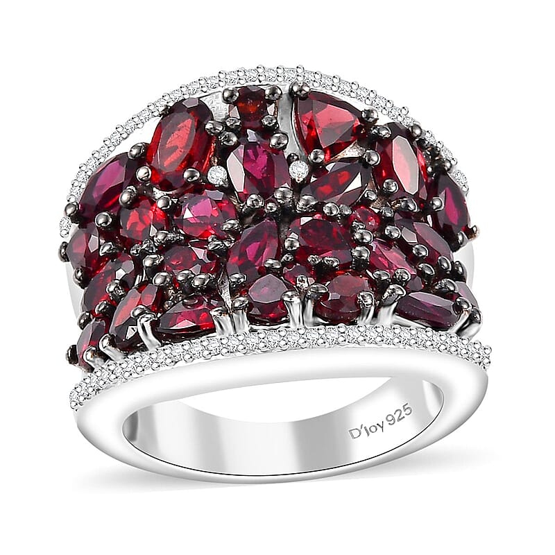 Premium Anthill Garnet and White Zircon 5.75 ctw Bunch of Flower Ring in Rhodium Over Sterling Silver (Size 10.0)