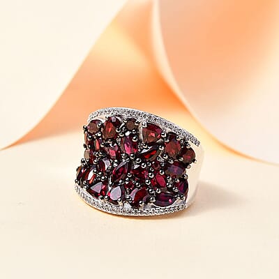 Premium Anthill Garnet and White Zircon 5.75 ctw Bunch of Flower Ring in Rhodium Over Sterling Silver (Size 10.0)