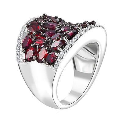 Premium Anthill Garnet and White Zircon 5.75 ctw Bunch of Flower Ring in Rhodium Over Sterling Silver (Size 10.0)