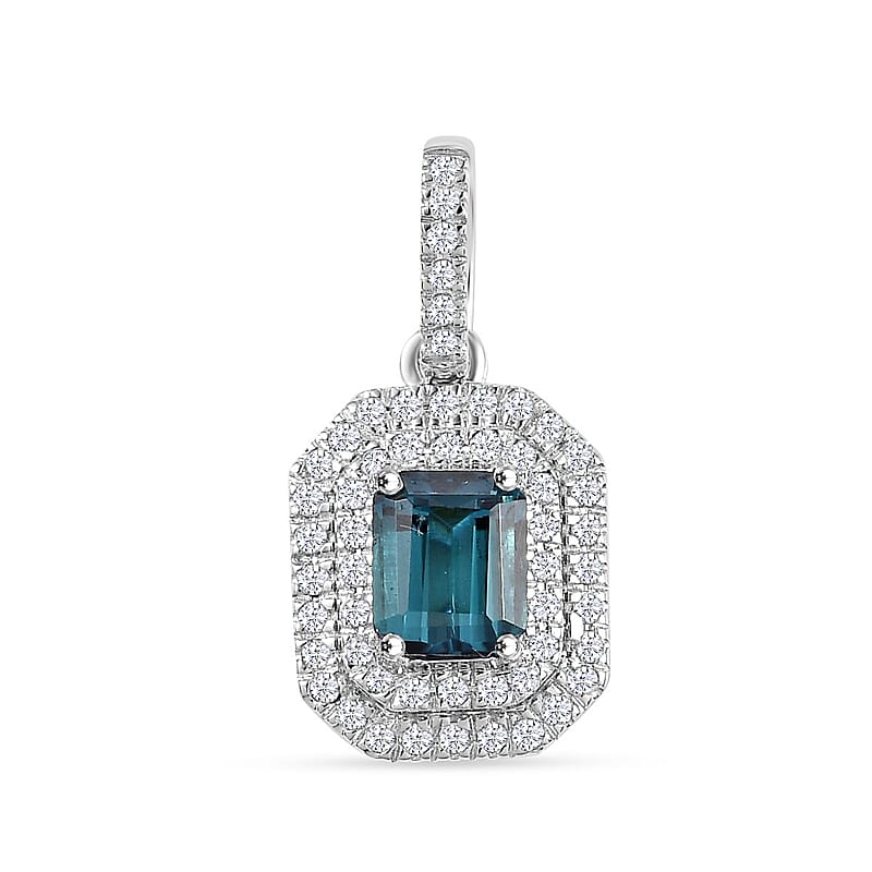 Luxoro AAA Monte Belo Indicolite and G-H I2 Diamond 1.30 ctw Double Halo Pendant without Chain in 14K White Gold