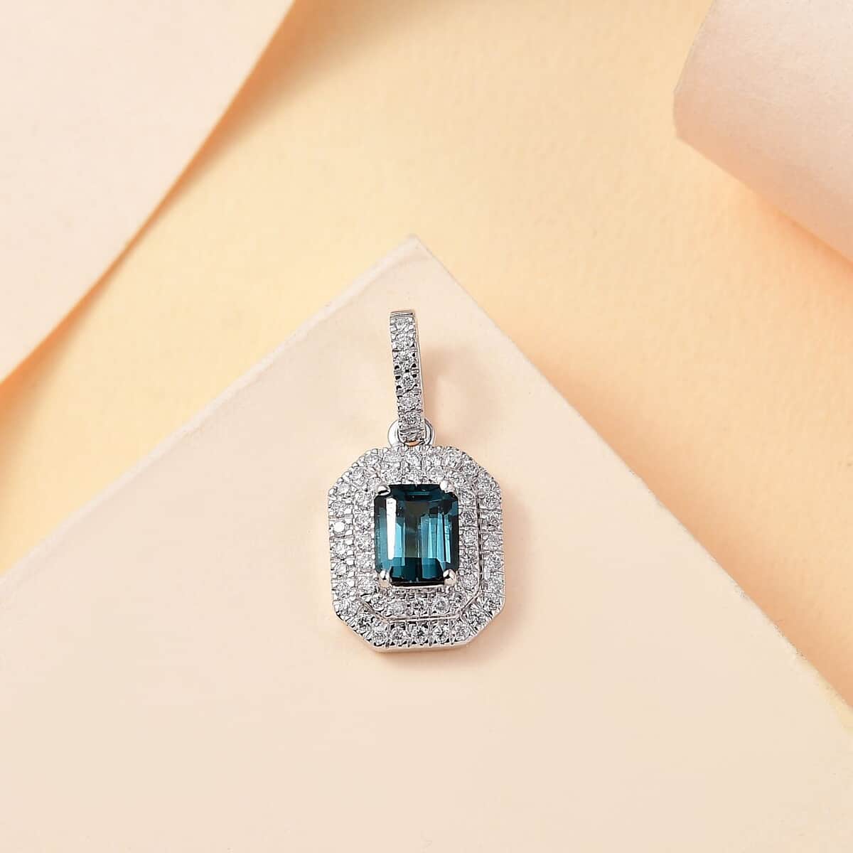 Luxoro AAA Monte Belo Indicolite and G-H I2 Diamond 1.30 ctw Double Halo Pendant in 14K White Gold image number 1