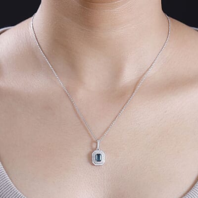 Luxoro AAA Monte Belo Indicolite and G-H I2 Diamond 1.30 ctw Double Halo Pendant without Chain in 14K White Gold