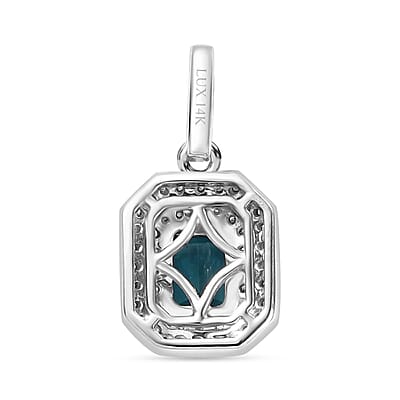 Luxoro AAA Monte Belo Indicolite and G-H I2 Diamond 1.30 ctw Double Halo Pendant without Chain in 14K White Gold