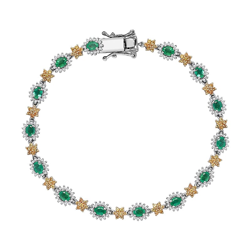 Kagem Zambian Emerald and Multi Gemstone 4.80 ctw Blooming Sunflower Bracelet in 18K Vermeil YG and Rhodium Over Sterling Silver (7.25 In)