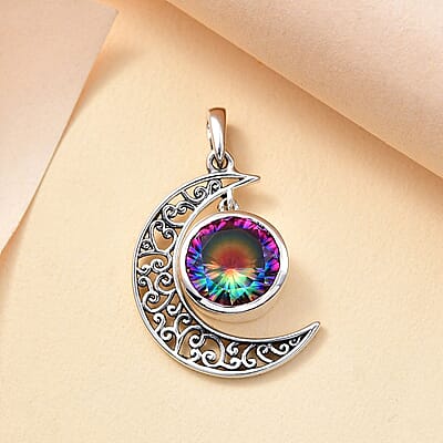 D'Joy Artisan Crafted Nebula Quartz Doublet 4.85 ctw Moon Pendant in Black Oxidized Sterling Silver
