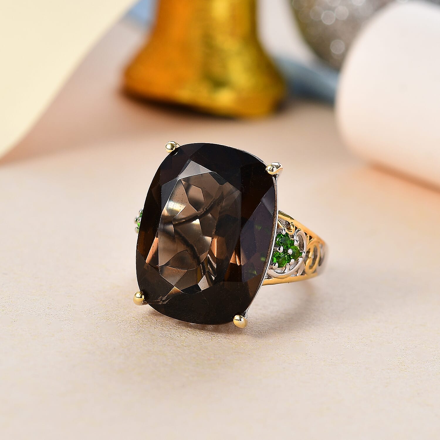Brazilian Smoky Quartz and Chrome Diopside 18.35 ctw Art Deco Ring in 14K Yellow Gold and Platinum Over Sterling Silver (Size 10.0)