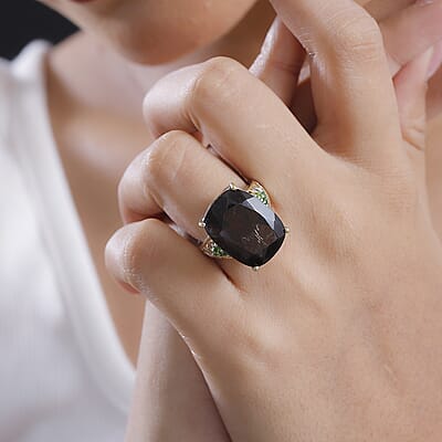 Brazilian Smoky Quartz and Chrome Diopside 18.35 ctw Art Deco Ring in 14K Yellow Gold and Platinum Over Sterling Silver (Size 10.0)