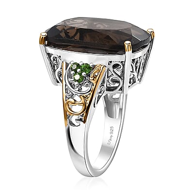 Brazilian Smoky Quartz and Chrome Diopside 18.35 ctw Art Deco Ring in 14K Yellow Gold and Platinum Over Sterling Silver (Size 10.0)