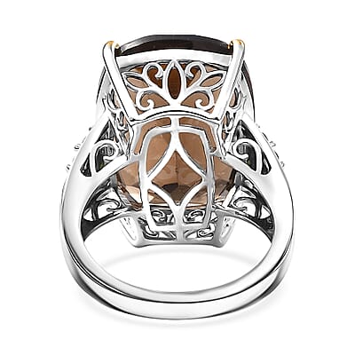 Brazilian Smoky Quartz and Chrome Diopside 18.35 ctw Art Deco Ring in 14K Yellow Gold and Platinum Over Sterling Silver (Size 10.0)