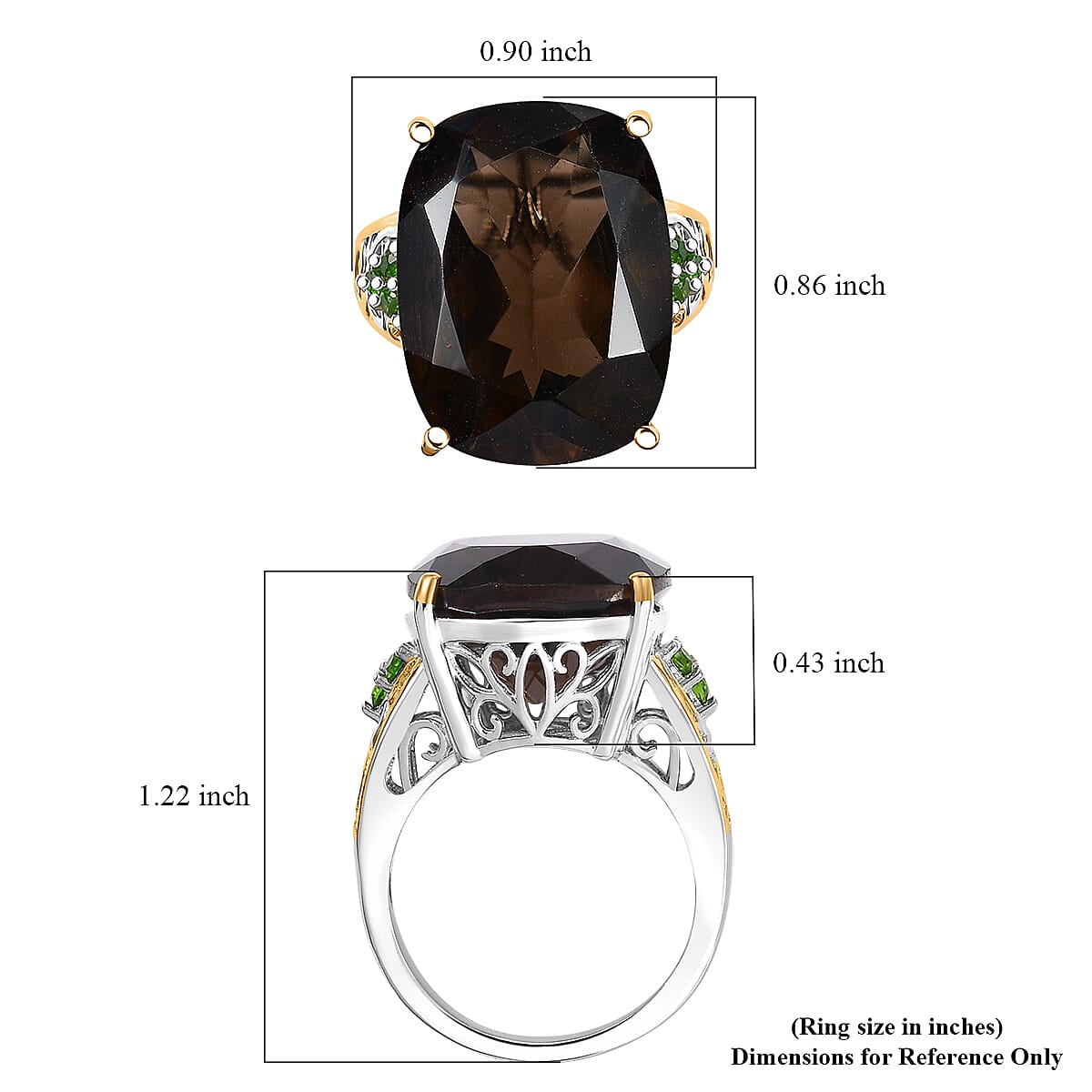 Brazilian Smoky Quartz and Chrome Diopside 18.35 ctw Art Deco Ring in 14K Yellow Gold and Platinum Over Sterling Silver (Size 10.0)