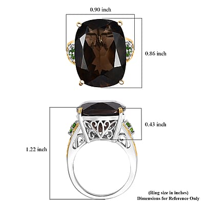 Brazilian Smoky Quartz and Chrome Diopside 18.35 ctw Art Deco Ring in 14K Yellow Gold and Platinum Over Sterling Silver (Size 10.0)